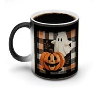 Jubonexis Tazza da caffè in ceramica cambia colore con fantasma zucca di Halloween in stile vintage a quadri, tazza da caffè divertente da 325 ml