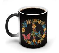 Jubonexis Tazza da caffè in ceramica cambia colore con farfalle e fiori, in stile retrò, con simbolo della pace, 325 ml