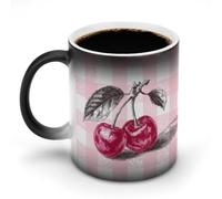 Jubonexis Tazza da caffè in ceramica cambia colore con una ciliegia su rosa e bianco a scacchi che cambia colore, tazza da caffè divertente da 325 ml