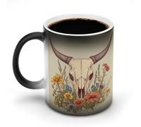Jubonexis Tazza da caffè in ceramica, cambia colore, stile vintage, con teschio di mucca occidentale, 325 ml