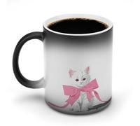 Jubonexis Tazza da caffè in ceramica cangiante con gattino bianco con fiocco rosa gigante che cambia colore, tazza da caffè divertente da 325 ml
