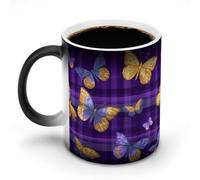 Jubonexis Tazza da caffè in ceramica che cambia colore con farfalle gialle e blu su sfondo viola, 325 ml
