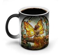 Jubonexis Tazza da caffè in ceramica che cambia colore con fata seduta sul tronco della foresta, colore giallo e arancione, tazza da caffè divertente da 325 ml