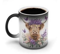 Jubonexis Tazza da caffè in ceramica che cambia colore con motivo mucca delle Highland che indossa un fiore viola, tazza da caffè divertente da 325 ml