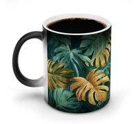 Jubonexis Tazza da caffè in ceramica che cambia colore con piante tropicali verdi e oro, stile bohémien, 325 ml