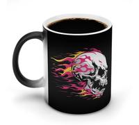 Jubonexis Tazza da caffè in ceramica che cambia colore con teschio da corsa con fiamme rosa e gialle, 325 ml