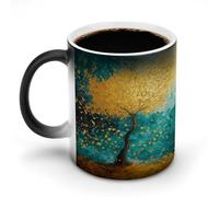 Jubonexis Tazza da caffè in ceramica con albero dorato astratto con foglie che cambiano colore, cambia calore, tazza da caffè divertente da 325 ml