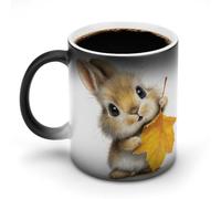 Jubonexis Tazza da caffè in ceramica con coniglietto che tiene una foglia autunnale che cambia colore, cambia colore, tazza da caffè divertente da 325 ml