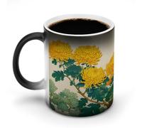 Jubonexis Tazza da caffè in ceramica con crisantemi giallo dorato che cambia colore, cambia calore, tazza da caffè divertente da 325 ml