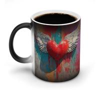 Jubonexis Tazza da caffè in ceramica con cuore rosso e ali bianche che cambia colore, cambia colore, tazza da caffè divertente da 325 ml