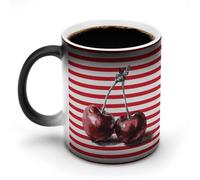 Jubonexis Tazza da caffè in ceramica con due ciliegie su strisce rosse e bianche che cambiano colore, 325 ml