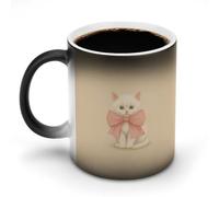 Jubonexis Tazza da caffè in ceramica con gattino bianco con fiocco rosa gigante che cambia colore, cambia colore, tazza da caffè divertente da 325 ml