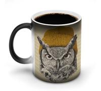 Jubonexis Tazza da caffè in ceramica con gufo che indossa un berretto giallo che cambia colore, cambia calore, tazza da tè o acqua, 325 ml