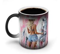 Jubonexis Tazza da caffè in ceramica con immagine di una ragazza bionda con cavallo bianco che cambia colore, cambia calore, divertente tazza da tè o acqua, 325 ml