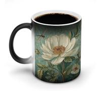 Jubonexis Tazza da caffè in ceramica con libellula che cambia colore, in stile vintage, elegante, con fiore bianco, 325 ml