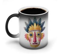 Jubonexis Tazza da caffè in ceramica con maschera cerimoniale con piuma, cambia colore, cambia colore, divertente tazza da tè e acqua, 325 ml