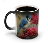 Jubonexis Tazza da caffè in ceramica con motivo astratto con uccellini blu e fiori rossi che cambiano colore, 325 ml