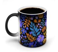 Jubonexis Tazza da caffè in ceramica con motivo floreale astratto e foglie blu, cambia colore, 325 ml