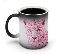 Jubonexis Tazza da caffè in ceramica con motivo geometrico astratto, colore rosa, con testa di leopardo che cambia colore, 325 ml