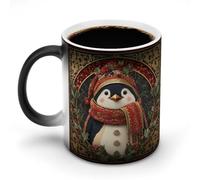 Jubonexis Tazza da caffè in ceramica con pinguino natalizio con foglie di agrifoglio che cambia colore, cambia colore, tazza da caffè divertente da 325 ml