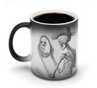 Jubonexis Tazza da caffè in ceramica con scheletro cowboy che tiene lo specchio guardando sé che cambia colore, tazza da caffè in ceramica divertente da 325 ml