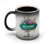 Jubonexis Tazza da caffè in ceramica con scritta "Wedding Road Sign with Flowers", cambia colore, 325 ml