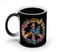 Jubonexis Tazza da caffè in ceramica con simbolo della pace, farfalle e fiori che cambiano colore, cambia colore, tazza da caffè divertente da 325 ml