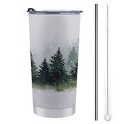 Jubonexis Tazza da viaggio da 590 ml, con acquarello, foresta di pino, neve che cade e nebbia, in acciaio inox, isolata sottovuoto, con coperchio con cannuccia e spazzola per la pulizia