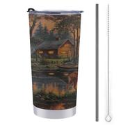 Jubonexis Tazza da viaggio da 590 ml, con due cervi, vecchia baita di tronchi, barca ancorata al tramonto, in acciaio inox, isolata sottovuoto, con coperchio con cannuccia e spazzola per la pulizia