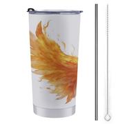 Jubonexis Tazza da viaggio da 590 ml, con due morbide ali di fuoco, in acciaio inox, isolata sottovuoto, con coperchio con cannuccia e spazzola per la pulizia