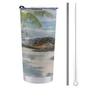 Jubonexis Tazza da viaggio da 590 ml, con due tartarughe marine sulla spiaggia, in acciaio inox, isolata sottovuoto, con coperchio con cannuccia e spazzola per la pulizia