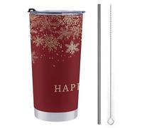Jubonexis Tazza da viaggio da 590 ml, con fiocchi di neve e stelle su una ricca bottiglia d'acqua rossa, tazza da caffè isolata sottovuoto, in acciaio inox, con coperchio con cannuccia e spazzola per