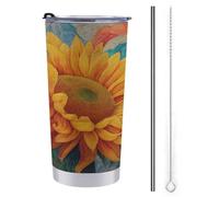 Jubonexis Tazza da viaggio da 590 ml, con girasoli vibranti con petali vorticosi, in acciaio inox, con coperchio con cannuccia e spazzola per la pulizia