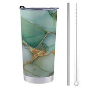 Jubonexis Tazza da viaggio da 590 ml, con inchiostro astratto color verde smeraldo e oro, in acciaio inox, isolata sottovuoto, con coperchio con cannuccia e spazzola per la pulizia