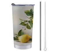 Jubonexis Tazza da viaggio da 590 ml, con limoni in una vecchia brocca bianca, in acciaio inox, isolata sottovuoto, con coperchio con cannuccia e spazzola per la pulizia