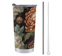 Jubonexis Tazza da viaggio da 590 ml, con peonie arancioni e bianche e foglie verdi, in acciaio inox, con coperchio con cannuccia e spazzola per la pulizia