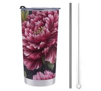 Jubonexis Tazza da viaggio da 590 ml, con peonie rosse e bianche e foglie verdi, in acciaio inox, con coperchio con cannuccia e spazzola per la pulizia