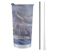 Jubonexis Tazza da viaggio da 590 ml, con scena invernale con pini, alberi e colline, in acciaio inox, isolata sottovuoto, con coperchio con cannuccia e spazzola per la pulizia