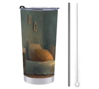 Jubonexis Tazza da viaggio da 590 ml, con simpatico fantasma inginocchiato sul letto in preghiera, in acciaio inox, isolata sottovuoto, con coperchio con cannuccia e spazzola per la pulizia