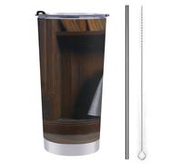 Jubonexis Tazza da viaggio da 590 ml, con simpatico fantasma sulla biblioteca, in legno, stile vintage, in acciaio inox, isolata sottovuoto, con coperchio con cannuccia e spazzola per la pulizia