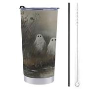 Jubonexis Tazza da viaggio vintage da 590 ml, con simpatico fantasma in piedi vicino alla riva del fiume, in acciaio inox, con coperchio con cannuccia e spazzola per la pulizia