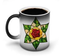 Jubonexis Tazza in vetro colorato con foglie verdi e rosa, cambia colore, cambia calore, tazza da caffè in ceramica, divertente tazza da tè o acqua, 325 ml
