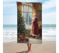 Jubonexis Telo mare vintage con Babbo Natale in piedi vicino alla finestra, in microfibra, senza sabbia, grande, multiuso, assorbente, per bagno e piscina, 130 x 80 cm