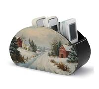 Jubonexis Vintage Christmas Snowy Country Road Evergreen Trees Remote Holder con 5 scomparti in pelle TV Remote Caddy Storage Box Desktop Organizer