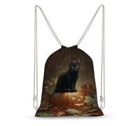 Jubonexis Zainetto in tela con coulisse, motivo gatto nero seduto su zucca arancione, borsa leggera da palestra per uomo e donna
