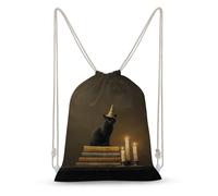 Jubonexis Zaino con cappello da strega con gatto nero su libri, zaino in tela con coulisse, borsa leggera per sport e palestra per uomini e donne