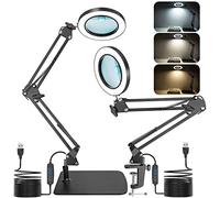 Jubor 2 in 1 Lampada con Lente d'Ingrandimento, 15X 10X Lente con Luce e Supporto con Braccio Orientabile e Base, Lampada da Tavolo con 3 Modalità Colore per Lettura, Riparazione, Lavoro Manuale