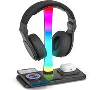 Jubor 3 in 1 Supporto Cuffie da Gioco, Porta Cuffie Gaming RGB LED con Caricabatterie Wireless, Supporto Cuffie Gaming Accessori da Tavolo con 9 Modalità Luce con Porte USB e 2 Porte Tipo-C