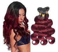 Jucames Extension Capelli Veri Umani Body Wave Human Hair Bundles Tessitura 100% Unprocessed Virgin Remy Brasiliano Double Weft Extensions Colore Ombre Black to Burgundy for Woman 12 14 16 Inch