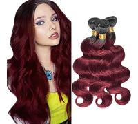 Jucames Extension Capelli Veri Umani Body Wave Human Hair Bundles Tessitura Unprocessed Remy Double Weft Extensions 100g/Per Ombre Black to Burgundy Color for Woman 30 32 34 Inch